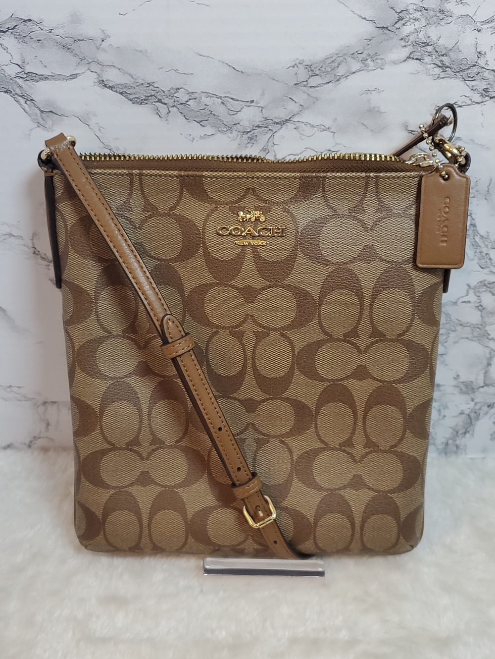 COACH Signature Canvas Crossbody in Tan and Brown with Gold Hardware